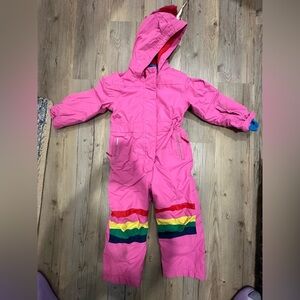 Pink Hooded Snowsuit with Rainbow Stripes